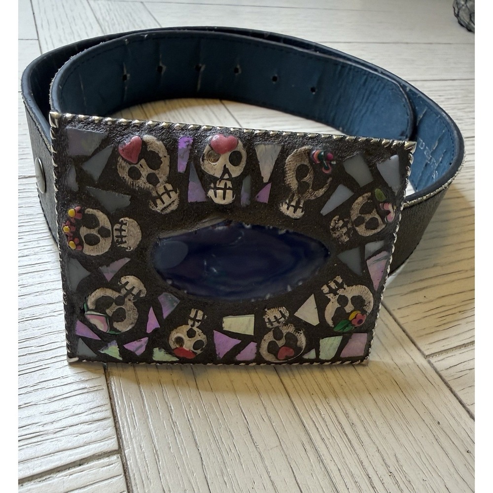 Genuine Italian Leather Belt Sz S Handcrafted Mosaic Skull Silver Buckle Grunge